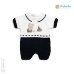Two-tone Knitted Baby Romper with Embroidered Bear